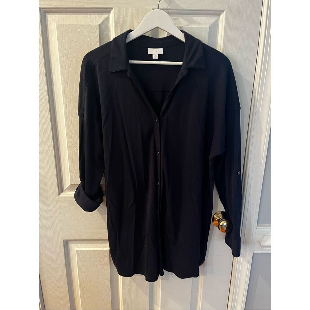 J. Jill Deep Navy Heavy Knit Tab Sleeve Button Down Tunic Top sz L NWOT